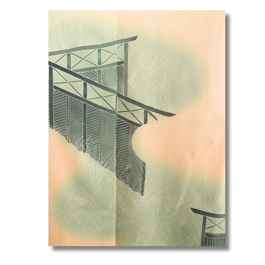 Vintage Damen Homongi Kimono goldgelb mit Landschaftsmotiv