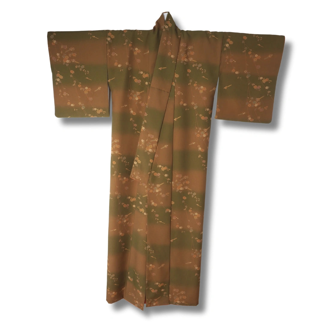 Vintage Damen Komon Kimono Grün-Braun mit Blütenmuster