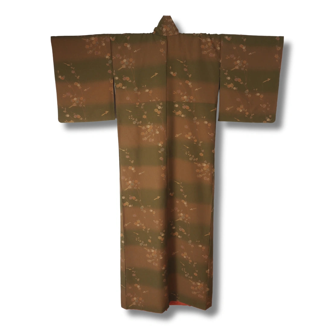 Vintage Damen Komon Kimono Grün-Braun mit Blütenmuster