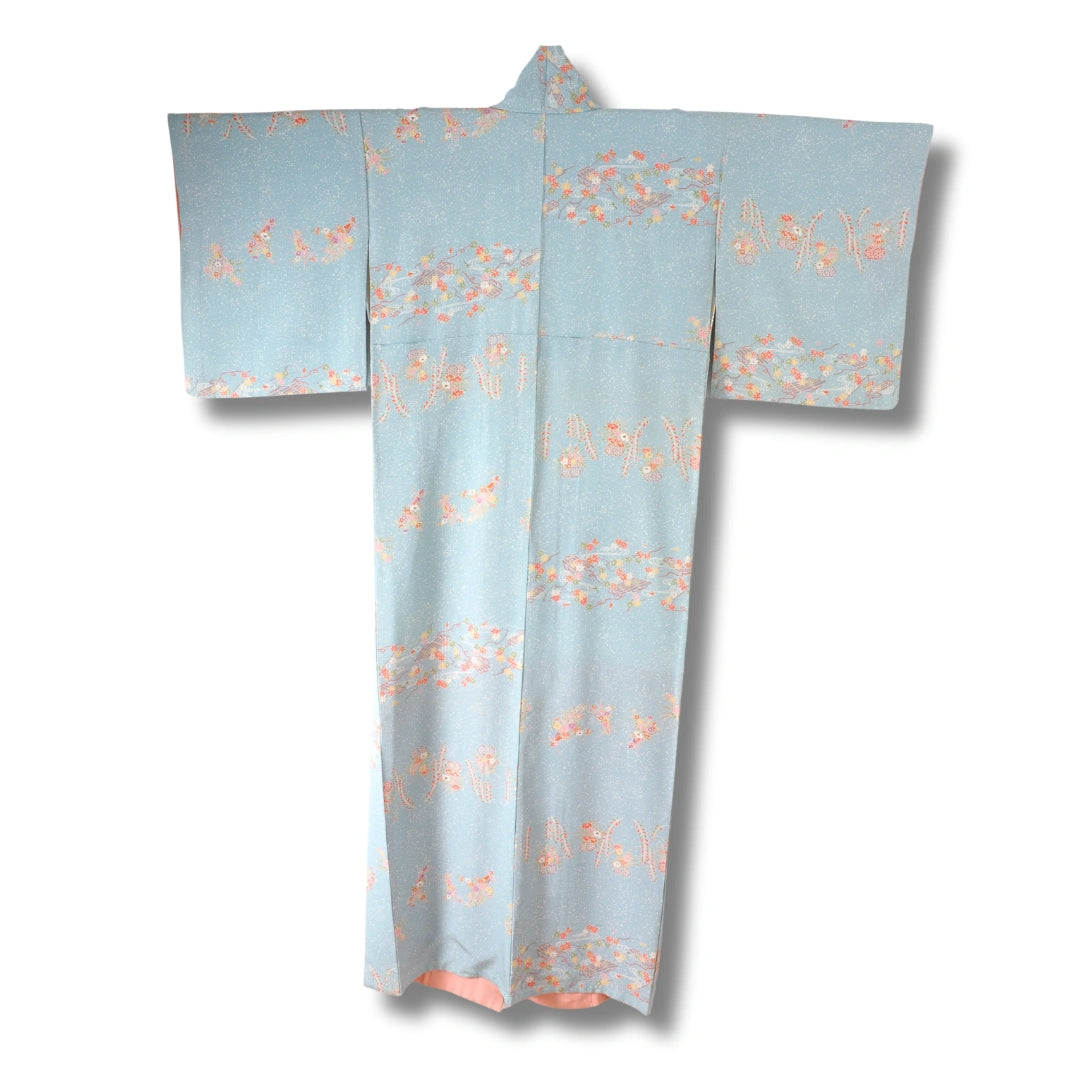 Vintage Damen Komon Kimono hellblau mit Blumen