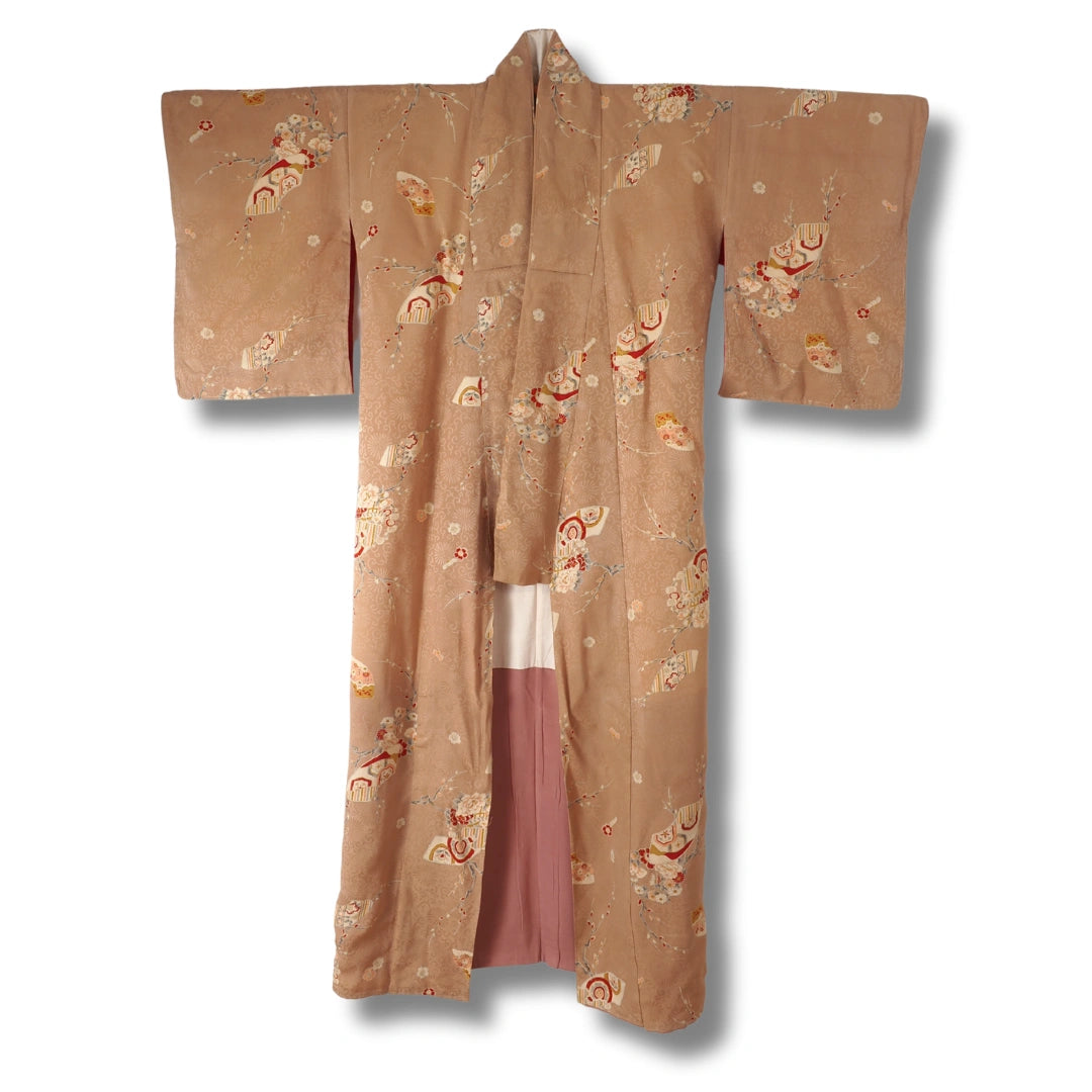 Vintage Damen Komon Kimono hellbraun mit Pfingstrosenmuster