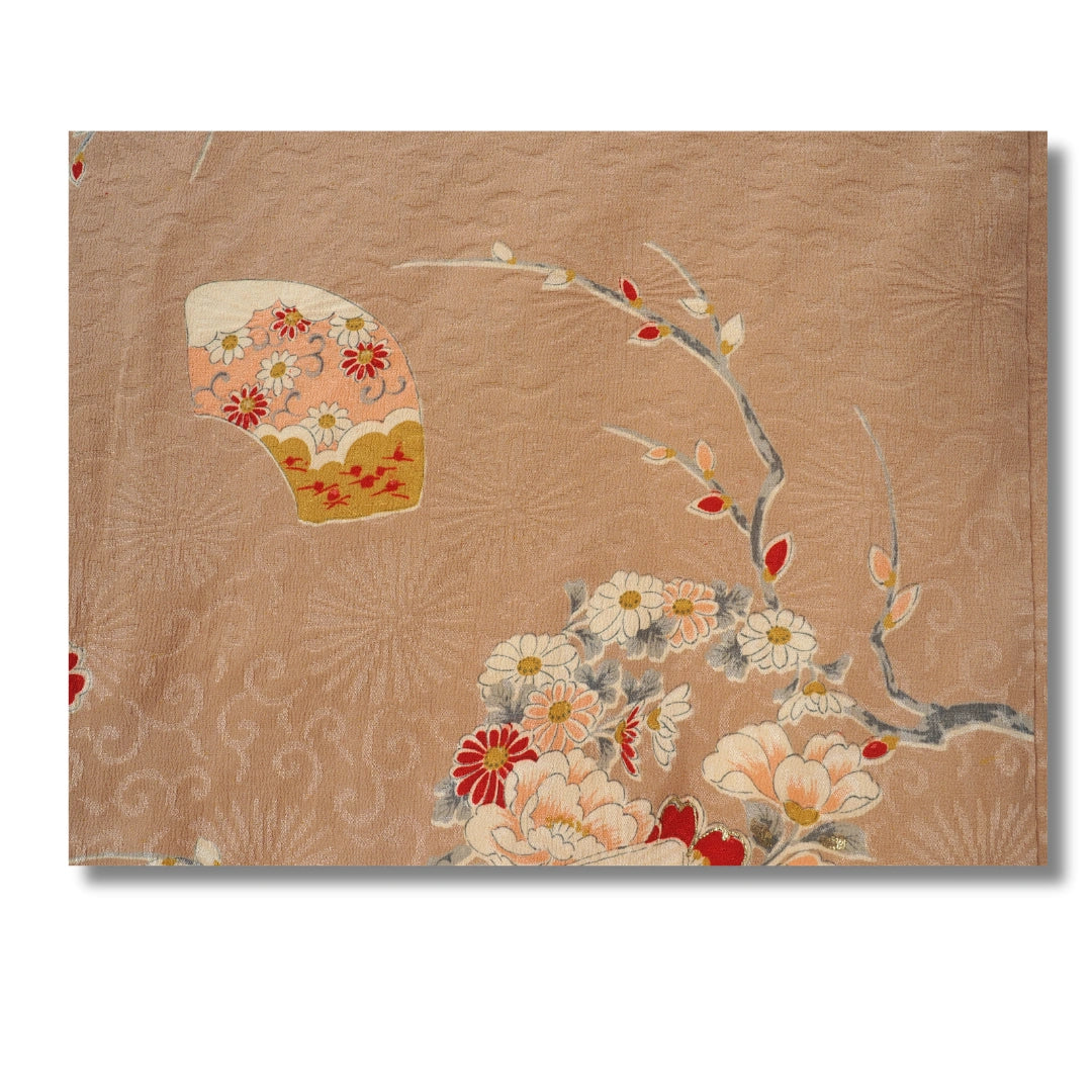Vintage Damen Komon Kimono hellbraun mit Pfingstrosenmuster