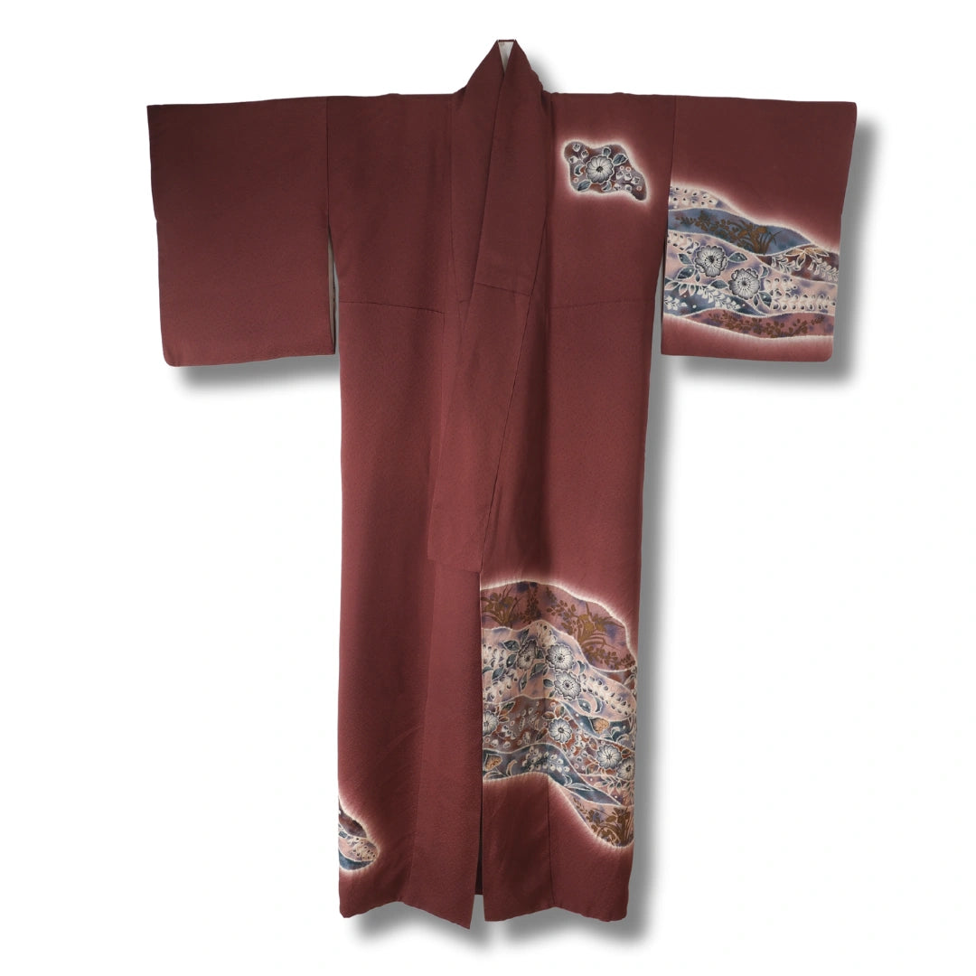 Vintage Damen Houmongi Kimono Bordeaux mit Blumen