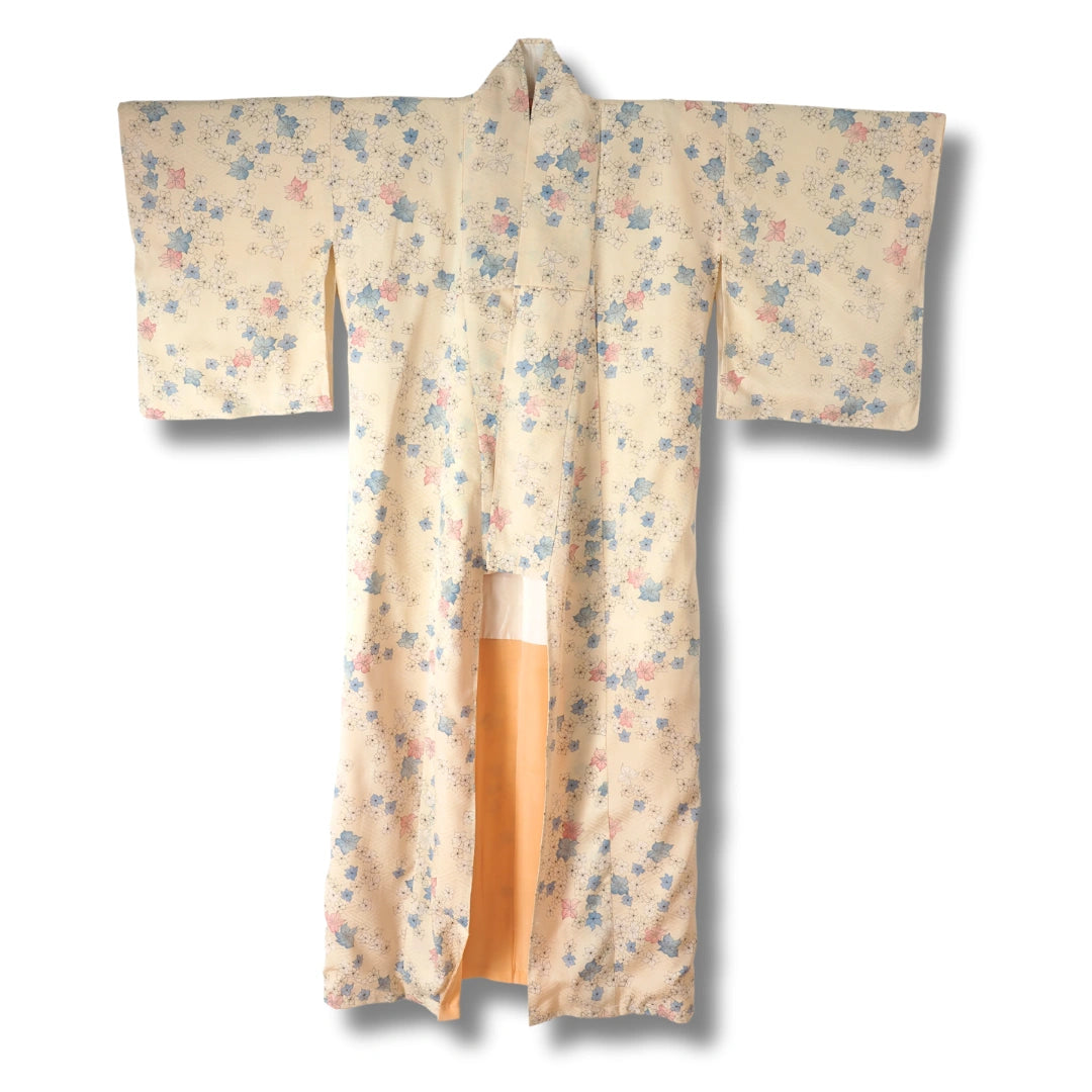 Vintage Damen Komon Kimono Hellgelb mit Blumen