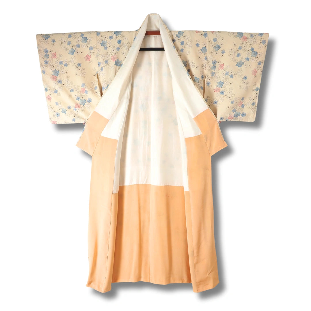 Vintage Damen Komon Kimono Hellgelb mit Blumen