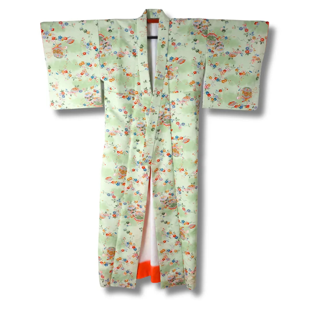 Vintage Damen Komon Kimono in hellgrün mit floralen Mustern