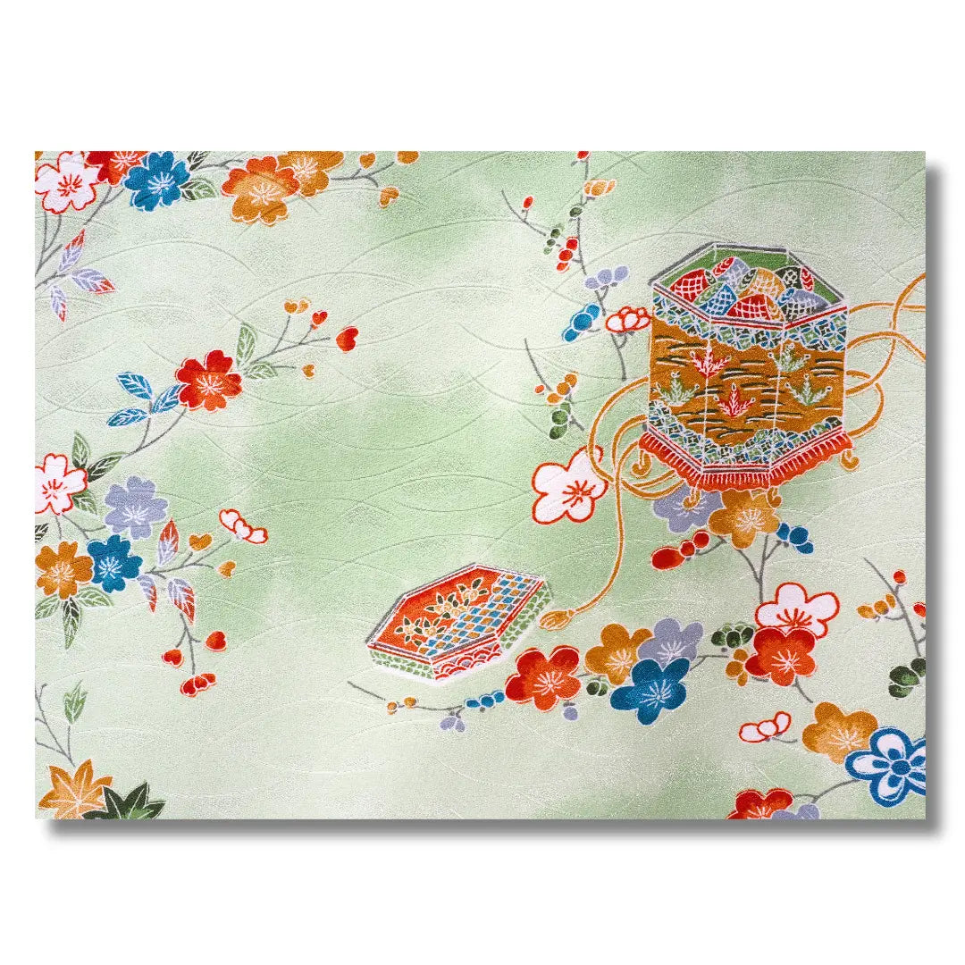 Detailaufnahme der floralen Muster auf hellgrünem Kimono Stoff