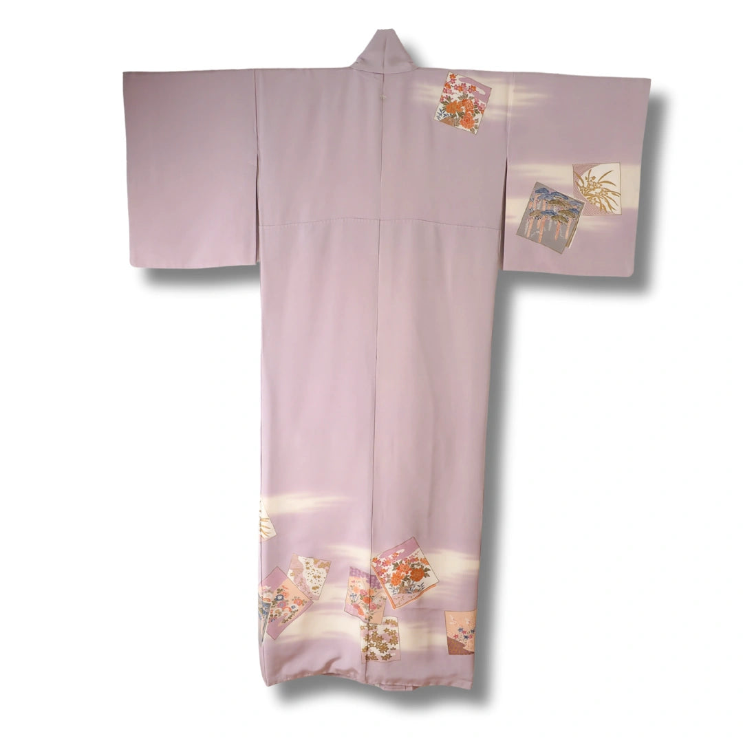 Vintage Damen Houmongi Kimono Helllila mit Motiv-Kacheln