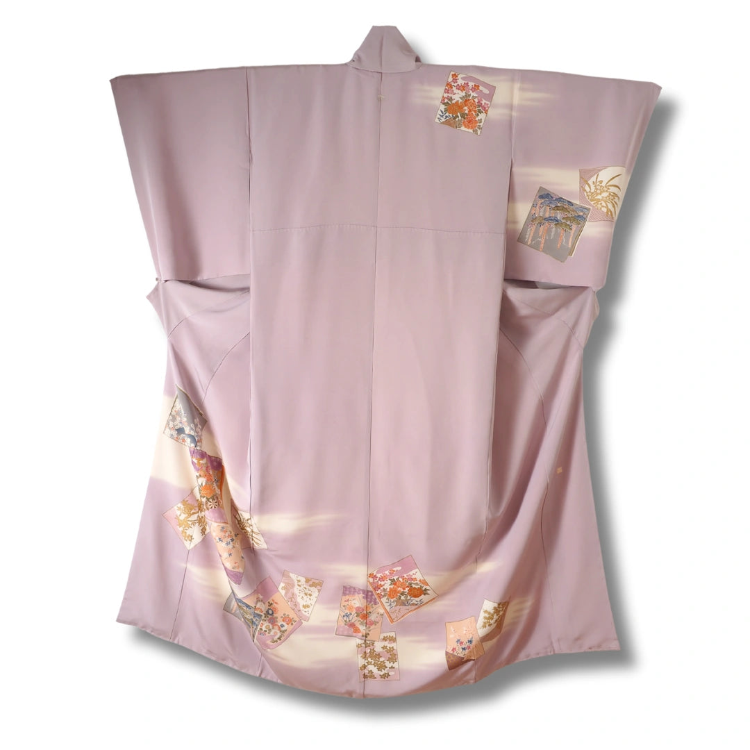 Vintage Damen Houmongi Kimono Helllila mit Motiv-Kacheln