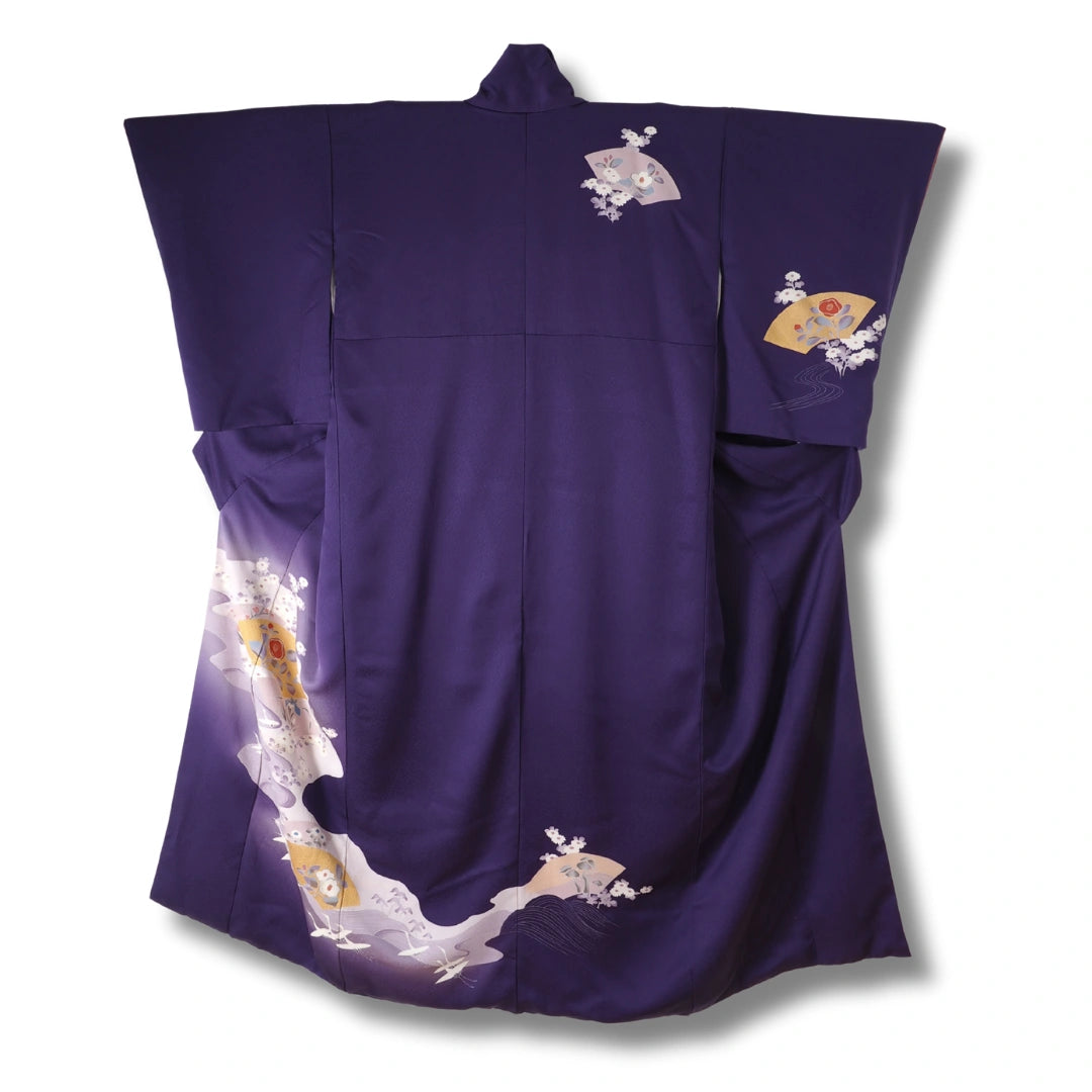 Vintage Damen Homongi Kimono lila mit Fächer & Blumen