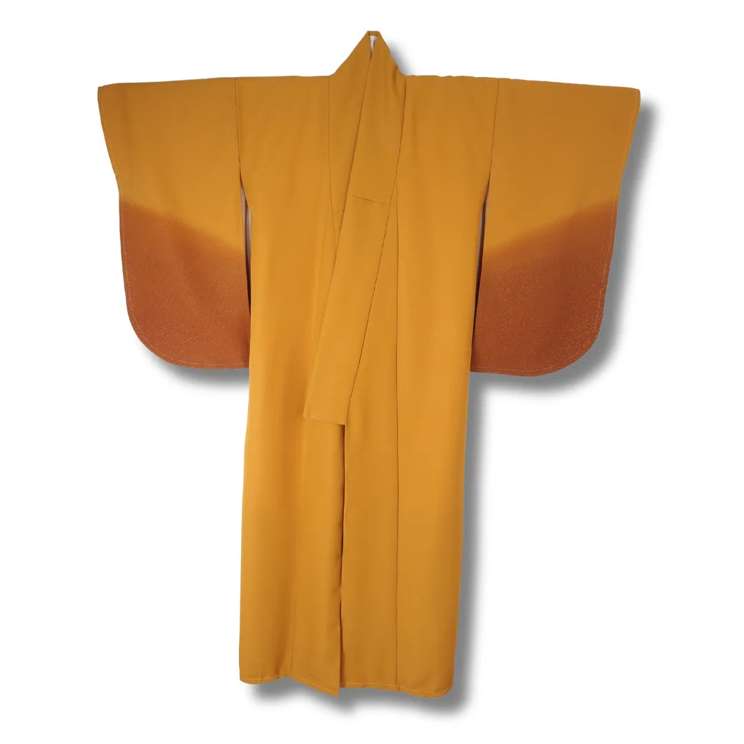 Vintage Kimono ocker mit Farbverlauf und goldenen Sprenkeln Vorderansicht