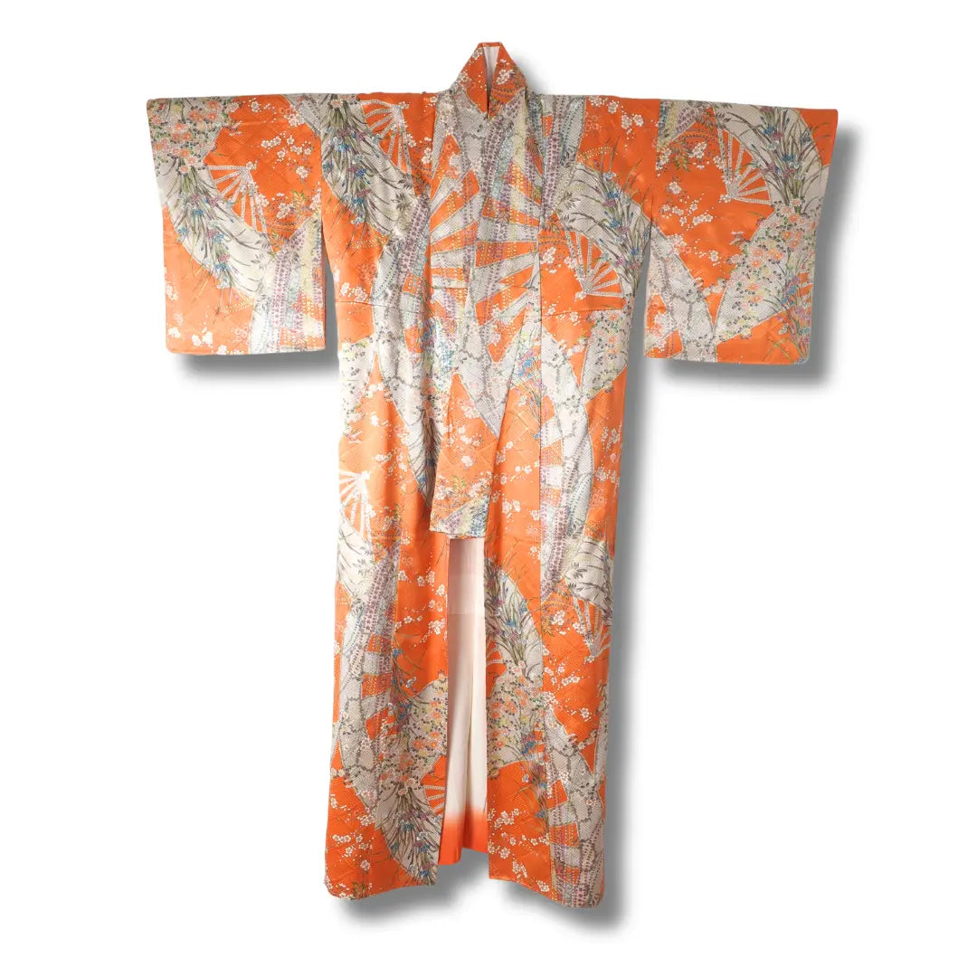 Vintage Komon Kimono Damen orange mit Blumenmuster