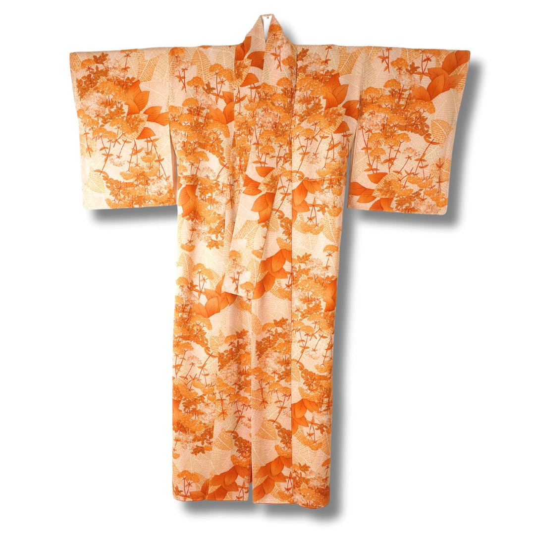Vintage Damen Komon Kimono in Orange mit Hortensienmuster