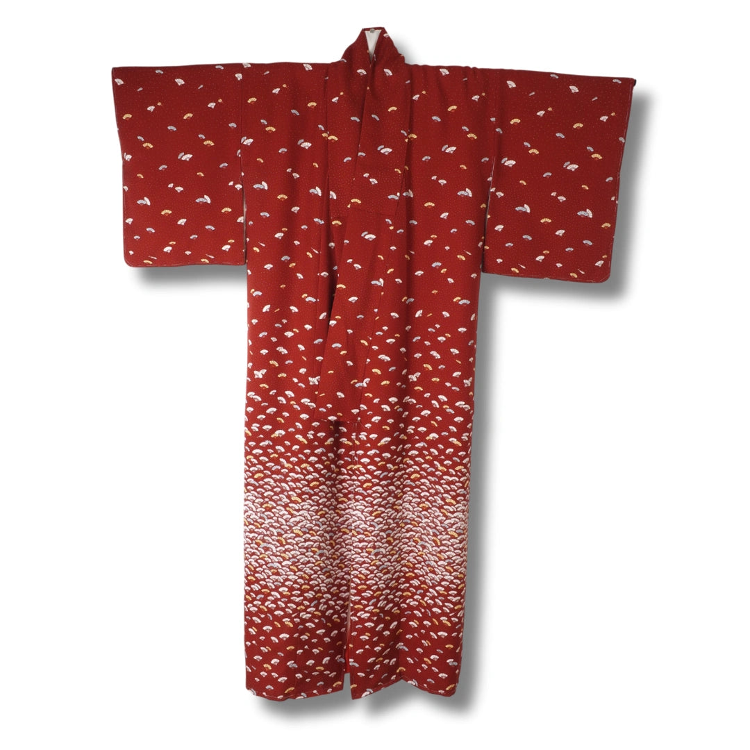 Vintage Damen Kimono rotbraun mit Fächermuster