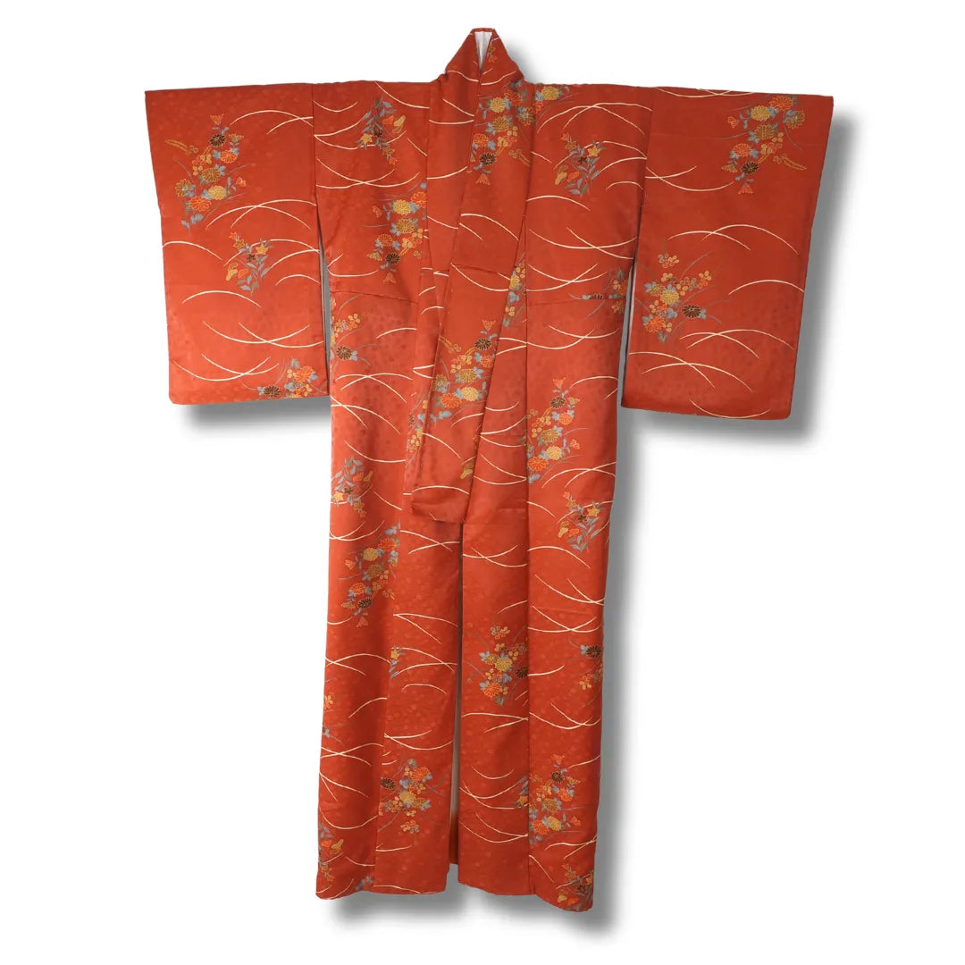 Vintage Komon Kimono rotbraun mit Herbstgras-Muster Vorderansicht