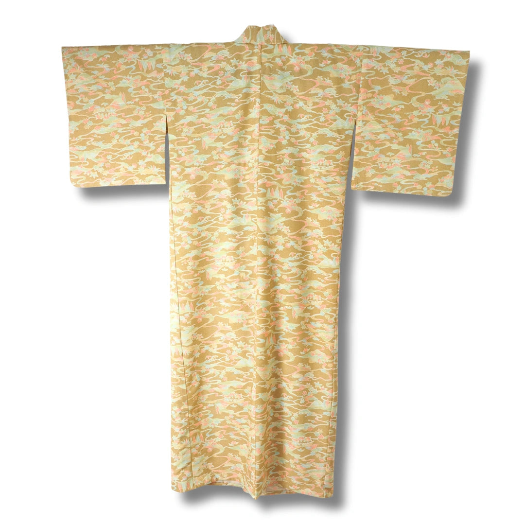 Vintage Damen Komon Kimono sandfarben mit Blumen