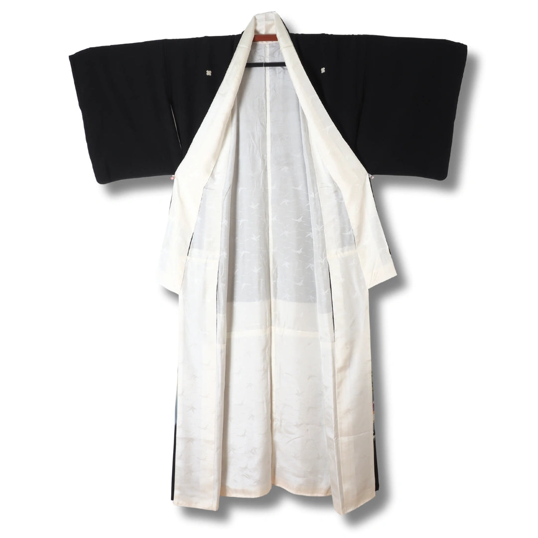 Vintage Damen Kurotomesode Kimono schwarz mit Szenenmotiv