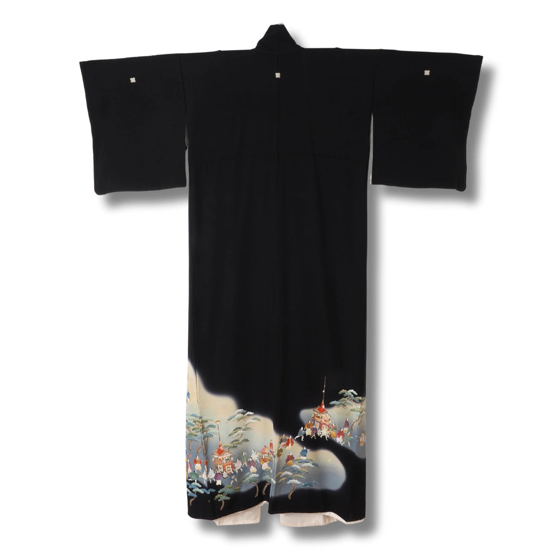 Vintage Damen Kurotomesode Kimono schwarz mit Szenenmotiv