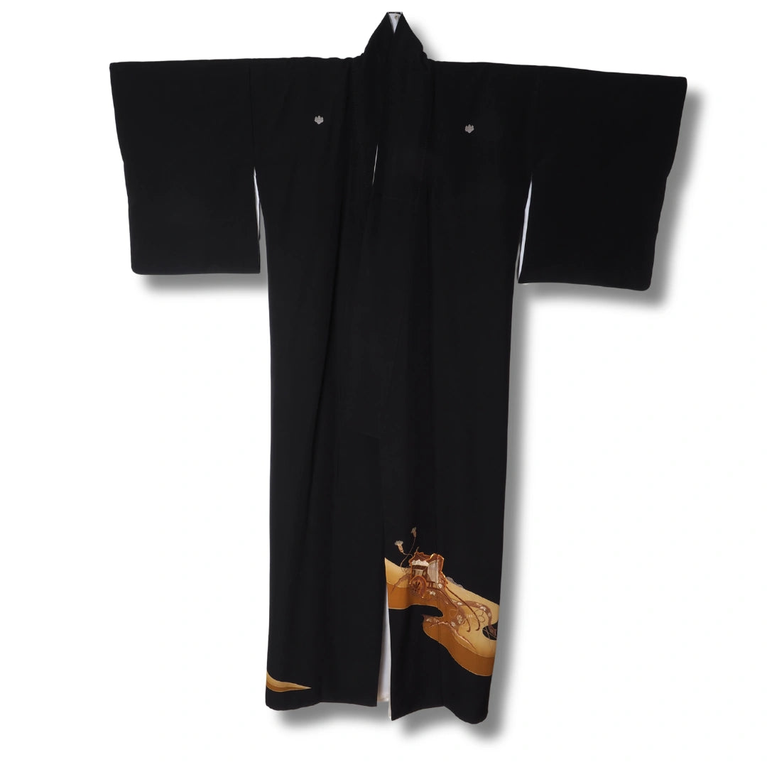 Vintage Kurotomesode Kimono schwarz mit Kutschenmotiv