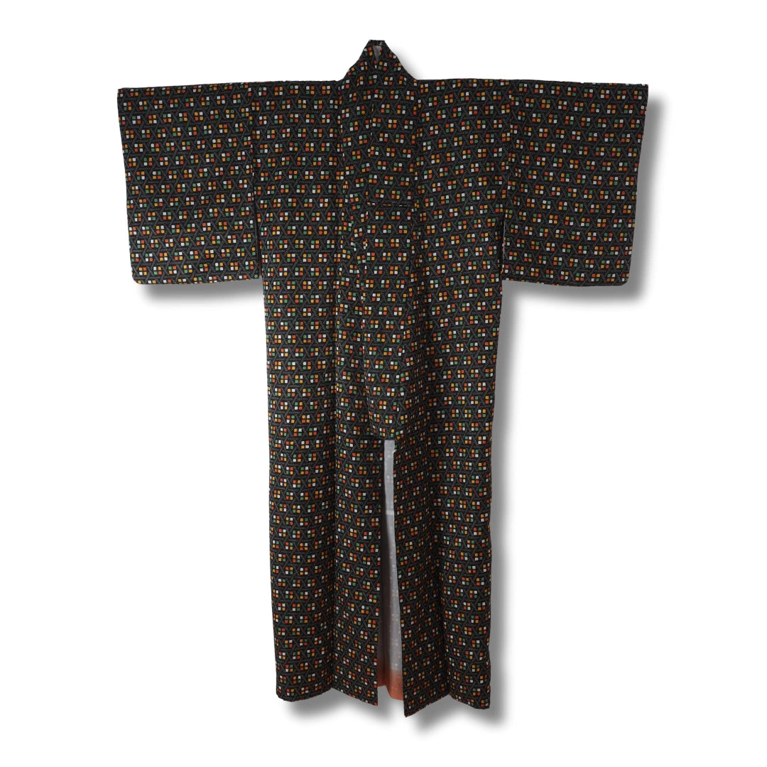 Vintage Komon Damen Kimono in Schwarz mit buntem Muster
