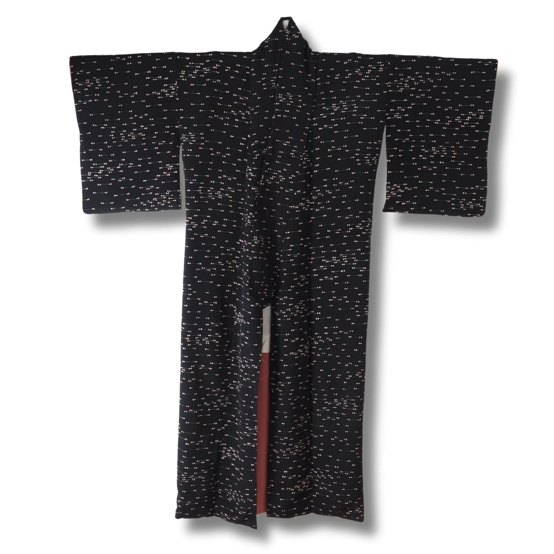 Vintage Damen Komon Kimono schwarz mit weißen & rosa Punkten