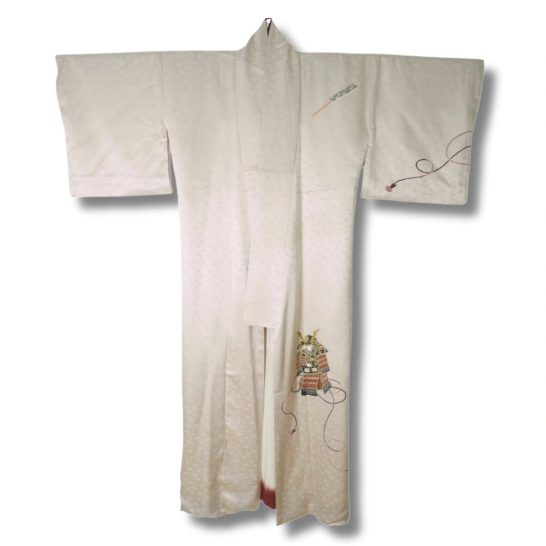 Vintage Tsukesage Kimono – Zartrosa mit Samurai-Rüstung