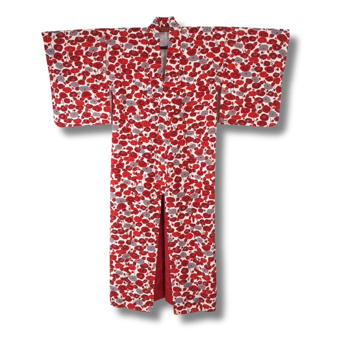 Vintage Damen Komon-Kimono in Cremeweiß mit großen roten Mohnblüten und grauen Blattelementen, Frontansicht