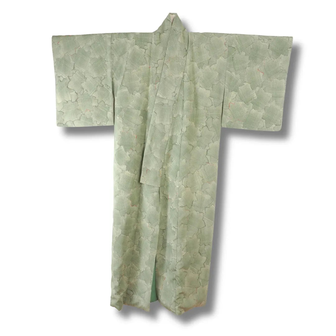 Vintage Damen Komon-Kimono in Salbeigrün mit feinem Ton-in-Ton-Blütenmuster, Frontansicht