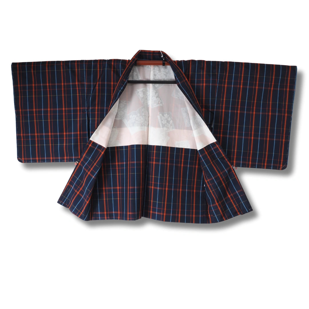 Vintage Damen Ensemble – Kimono & Haori dunkelblau kariert