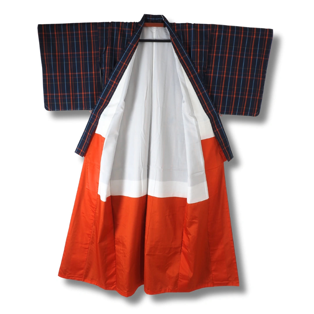 Vintage Damen Ensemble – Kimono & Haori dunkelblau kariert