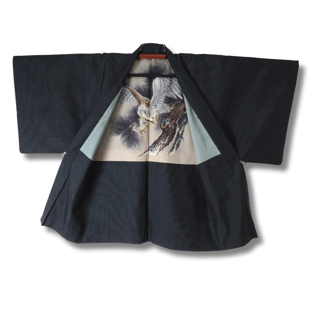 Vintage Herren Ensemble (Kimono & Haori) Dunkelblau mit Greifvogel