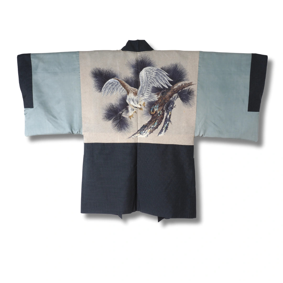 Vintage Herren Ensemble (Kimono & Haori) Dunkelblau mit Greifvogel
