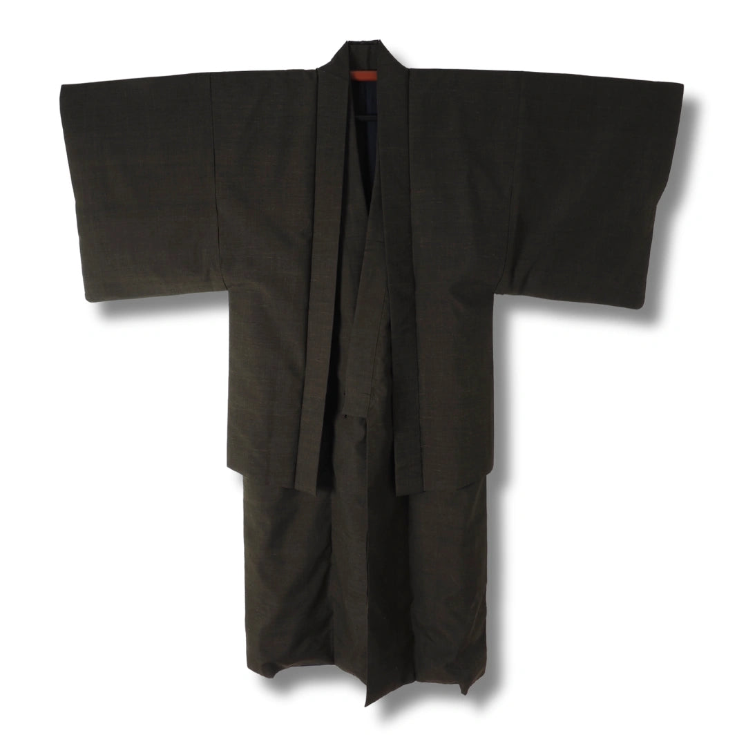 Vintage Herren Kimono & Haori Dunkelbraun mit Teeschalenmotiv
