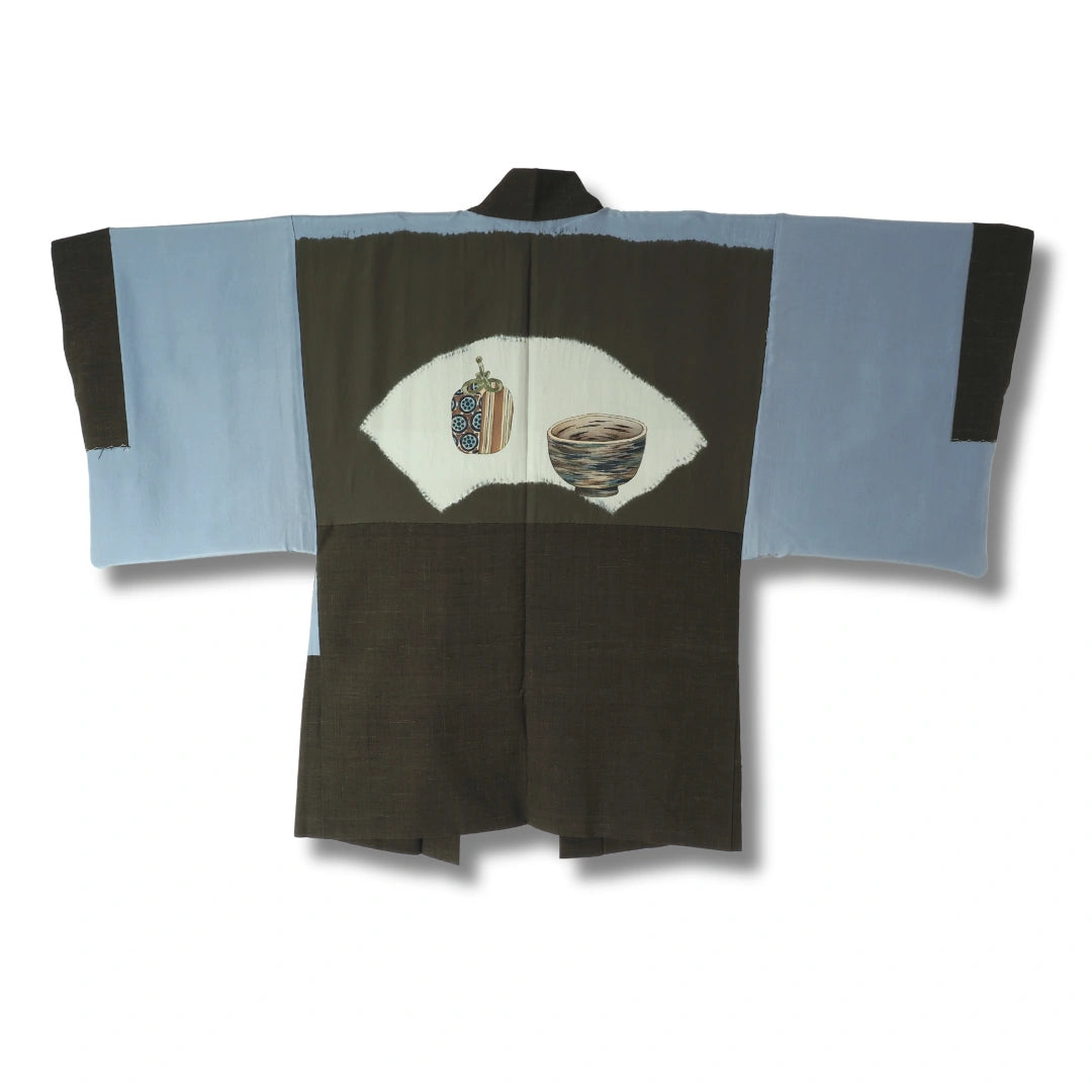 Vintage Herren Kimono & Haori Dunkelbraun mit Teeschalenmotiv