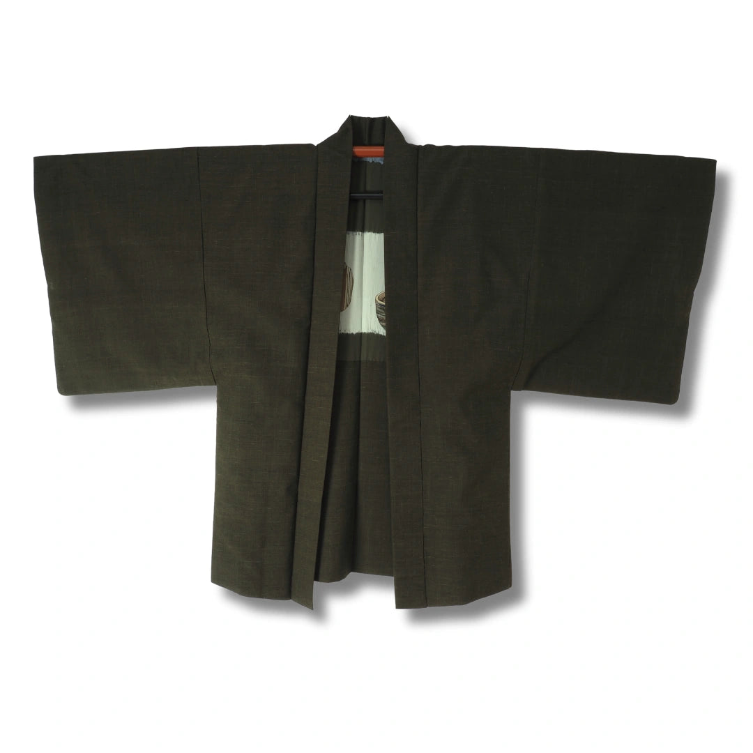 Vintage Herren Kimono & Haori Dunkelbraun mit Teeschalenmotiv