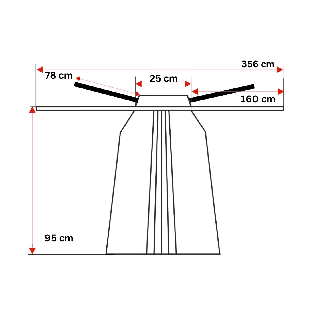 Maßgrafik der Hakama mit Größenangaben