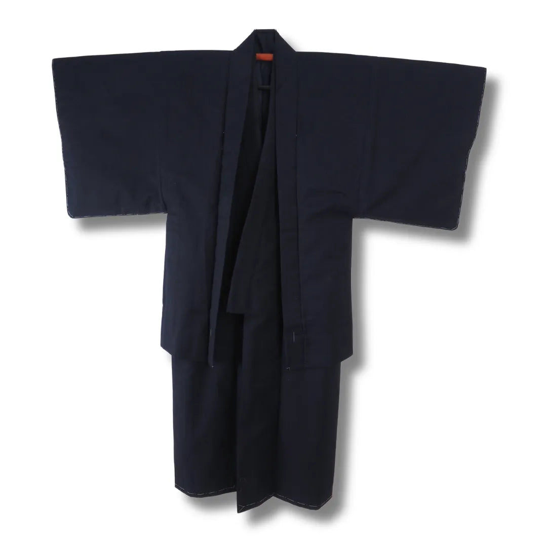 Vintage Herren-Ensemble aus Japan in Nachtblau, Kimono mit Haori, Frontansicht