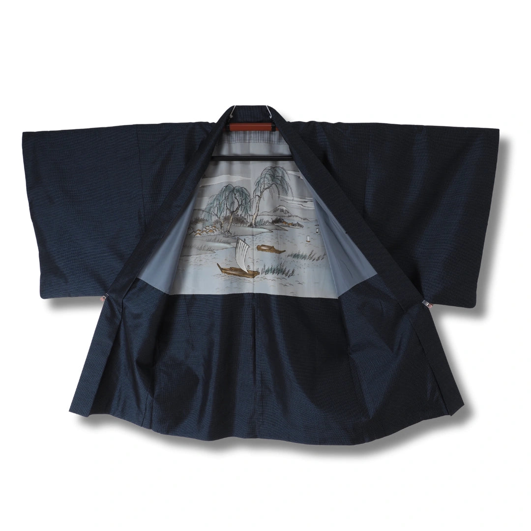 Vintage Herren Haori Blau mit feinem Muster & Landschaftsinnenseite