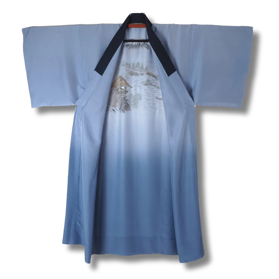 Vintage Herren Juban blaugrau mit Hauslandschaft