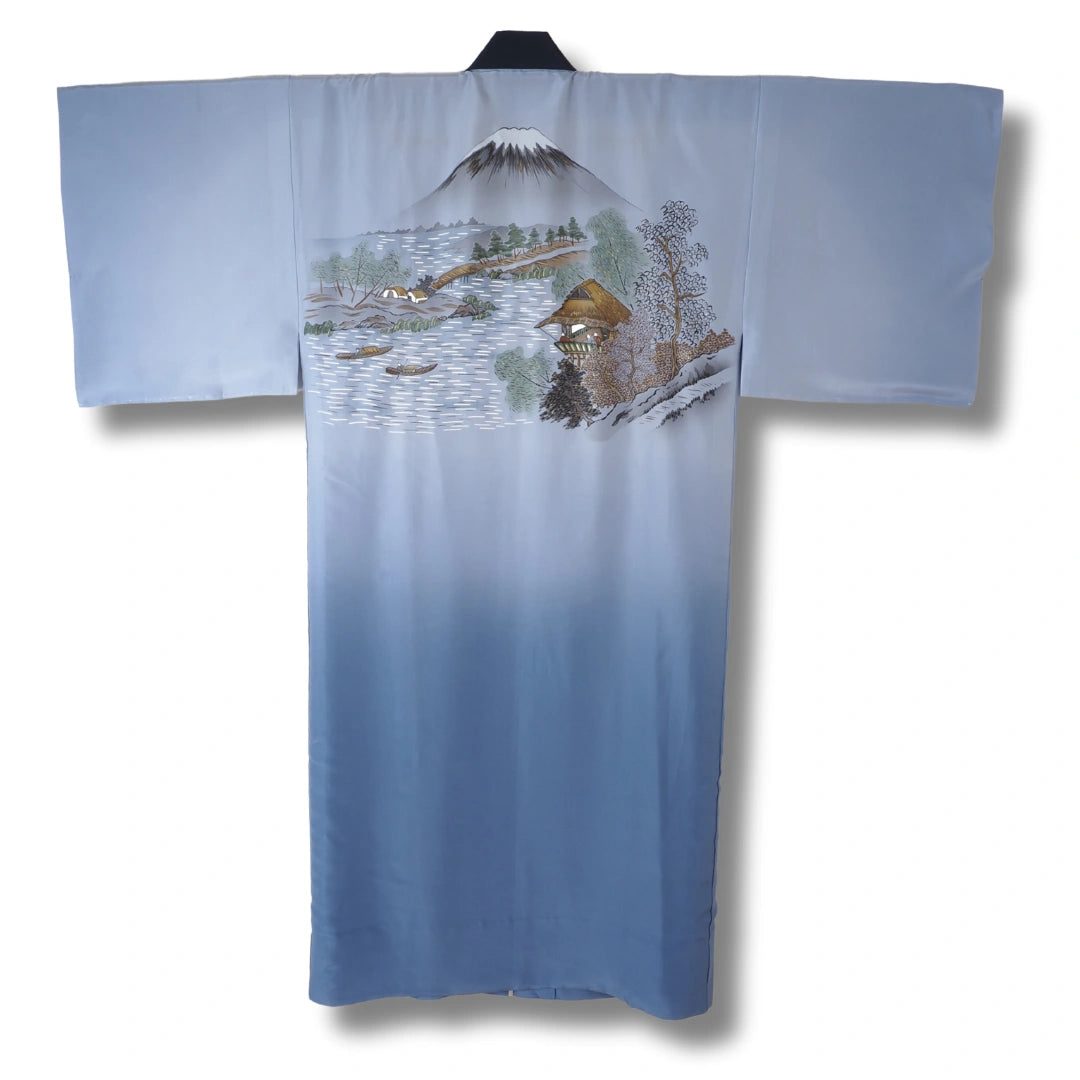 Vintage Herren Juban blaugrau mit Hauslandschaft