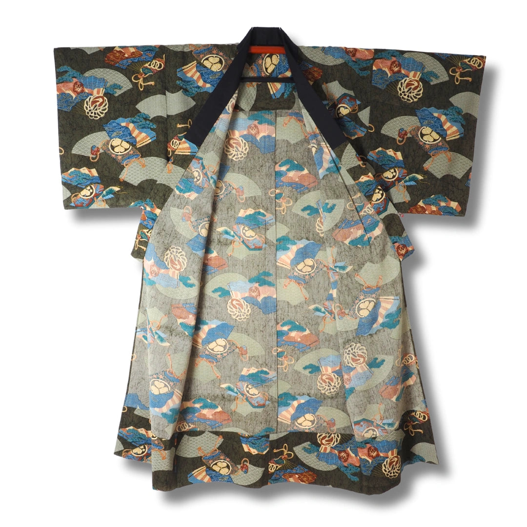 Vintage Herren Juban Grün mit Fächer-Motiv