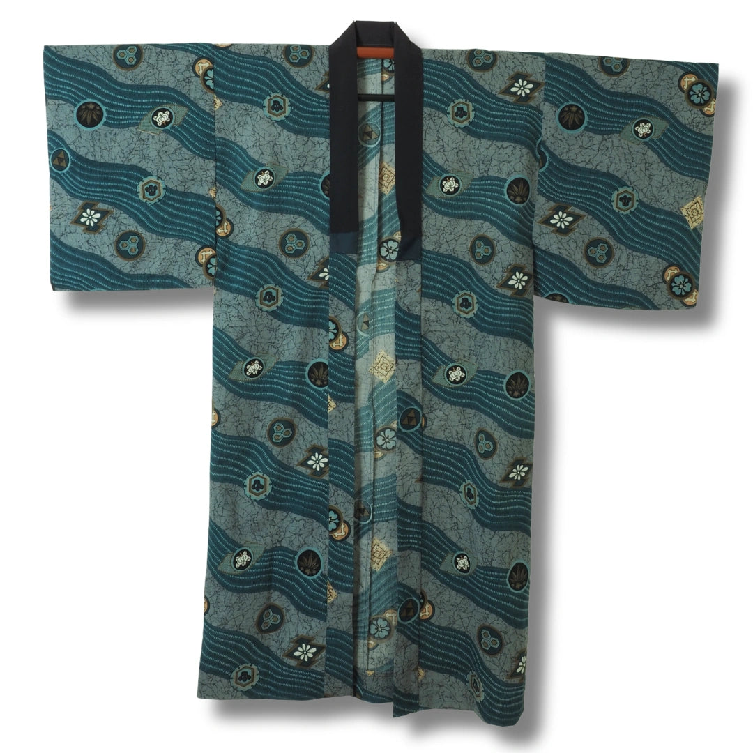 Vintage Herren Kimono petrol Wellen und Kreise