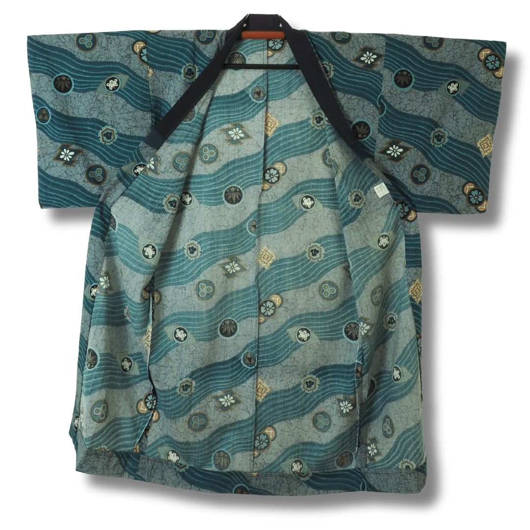 Vintage Herren Kimono petrol Wellen und Kreise