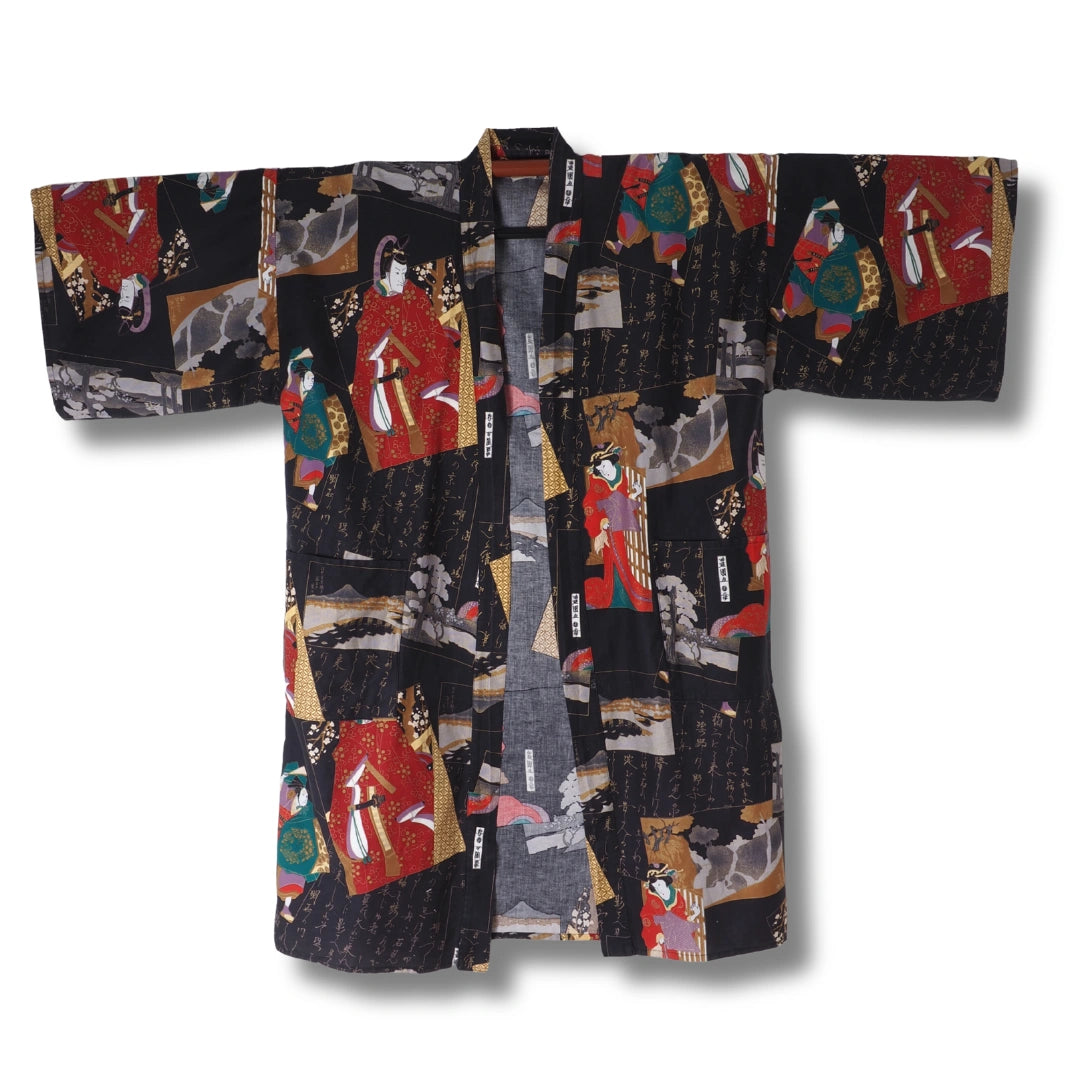 Vintage Kinder Yukata schwarz Vorderansicht mit Figurenmotiv