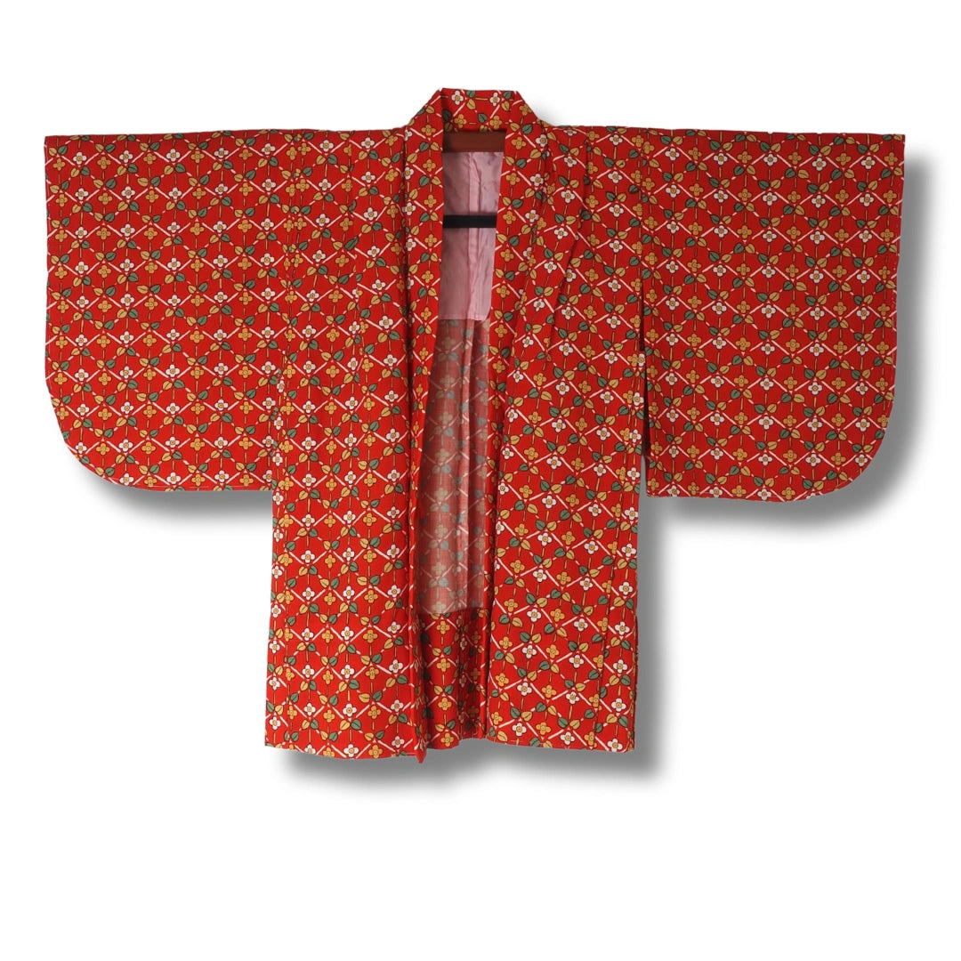Vintage Kinder Haori Rot mit Blumen (Gr. 110 - 128)