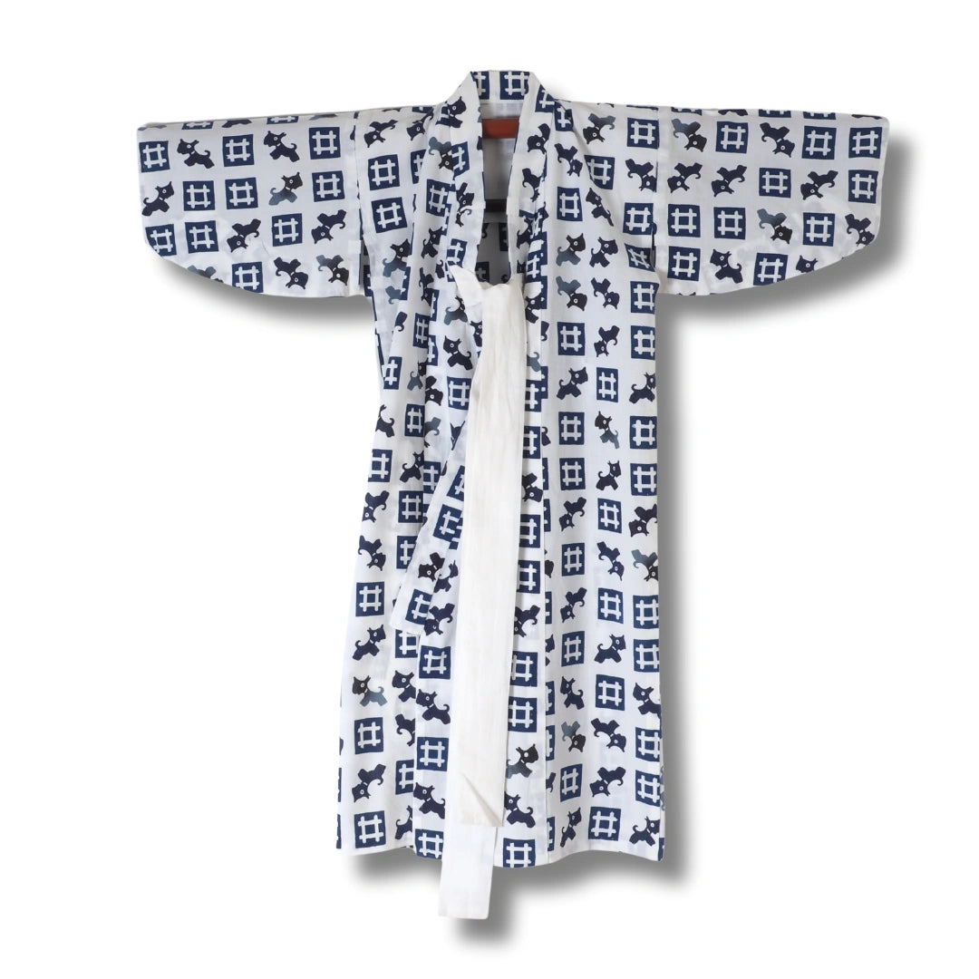 Vintage Kinder-Yukata Weiß-Blau mit Hunde-Muster (Größe 116–128)