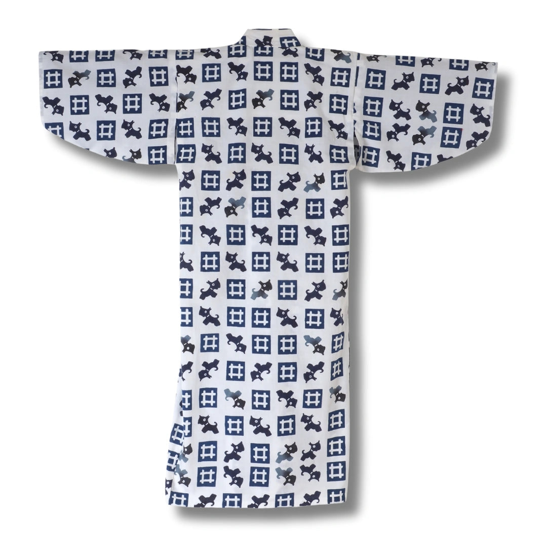 Vintage Kinder-Yukata Weiß-Blau mit Hunde-Muster (Größe 116–128)