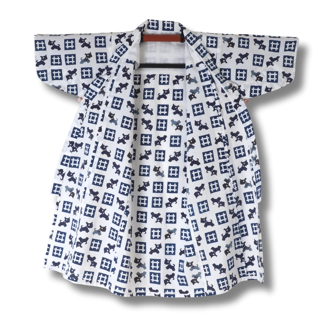 Vintage Kinder-Yukata Weiß-Blau mit Hunde-Muster (Größe 116–128)