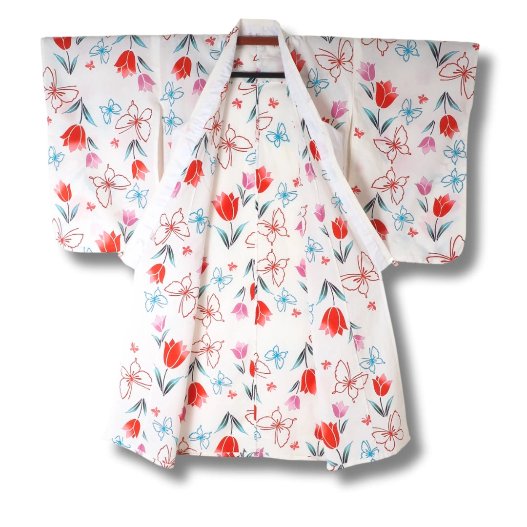 Vintage Kinder Yukata Weiß mit Blumen & Schmetterlingen (Gr. 128–146)