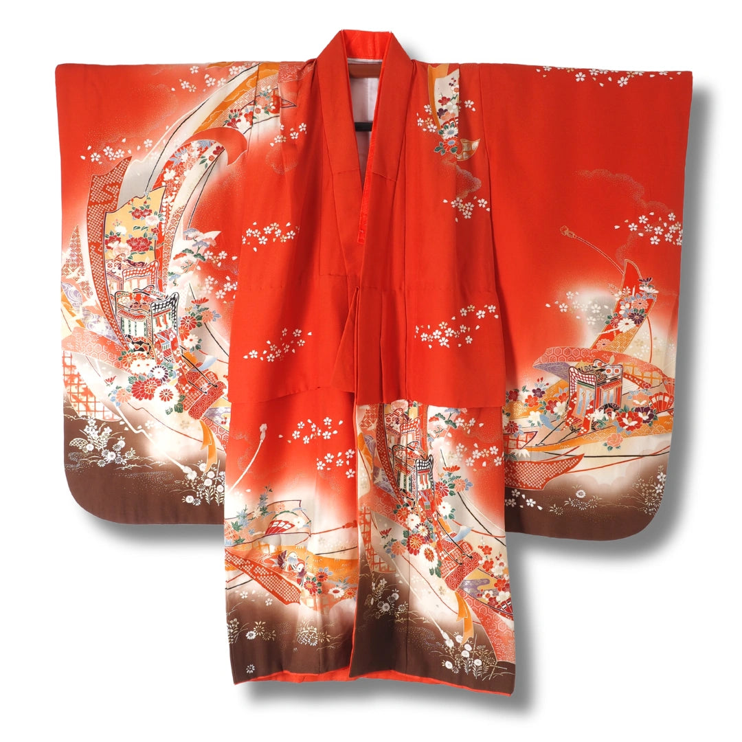 Vintage Mädchen Furisode Kimono Rot mit Kirschblüten & Kaiserwagen